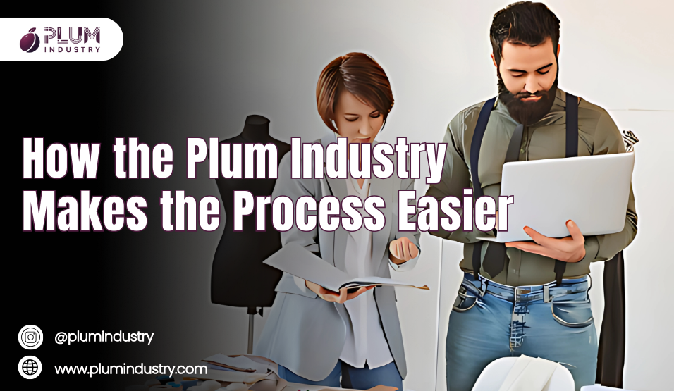 Entrepreneur planning how to start your own brand in 2025 with Plum Industry, featuring product sketches, branding strategy, and digital tools for new businesses