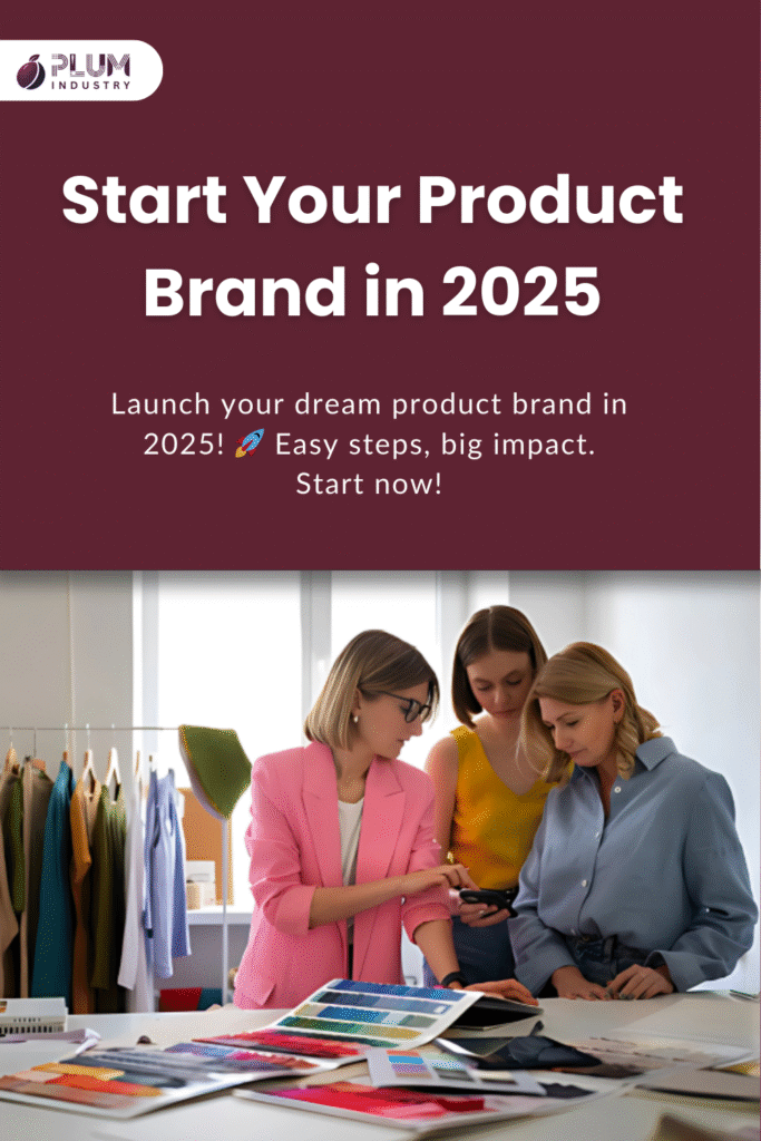 Modern illustration showing steps on how to start your own brand in 2025, featuring a young entrepreneur, product design elements, and digital marketing tools