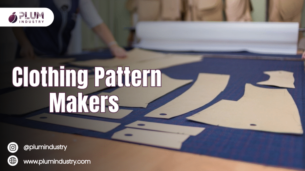 Professional clothing pattern makers drafting garment designs on paper.