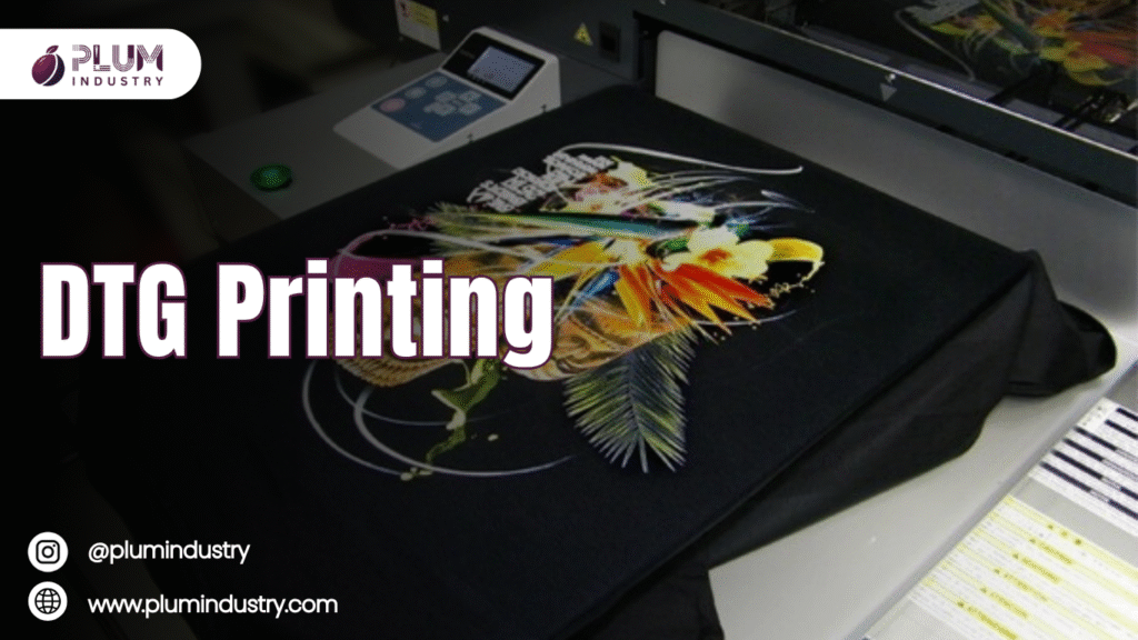 High-quality DTG printing process showcasing vibrant, detailed designs on fabric using advanced printing technology.
