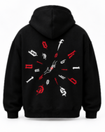 Club of Kiqs Elite Hoodie black oversized back view with red and white gothic graphic print
