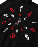 Close-up of the red and white gothic back print on the Club of Kiqs Elite Hoodie