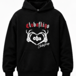 Club of Kiqs Elite Hoodie black oversized front view with gothic typography and skeletal heart print