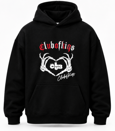 Club of Kiqs Elite Hoodie black oversized front view with gothic typography and skeletal heart print