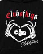 Close-up of the Club of Kiqs skeletal heart hands print on the black Elite Hoodie